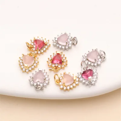 New Heart Shape Rhinestone Charms Brass Tiny Heart Pendant Charm for Bracelet Necklace Earring