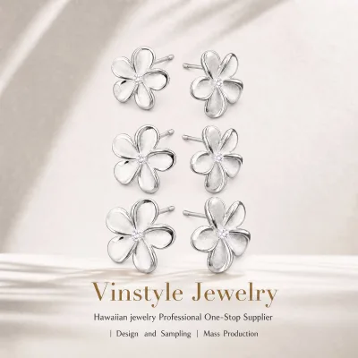 Hawaiian Jewelry Silver Plumeria Flower Stud Earring Sandblasted Copper Material Zircon Center 8MM 10MM 12MM