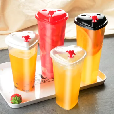 500ml Heart Shaped Disposable Plastic Cups Creative Couple Design Cold Drink Juice Milk Tea Cups