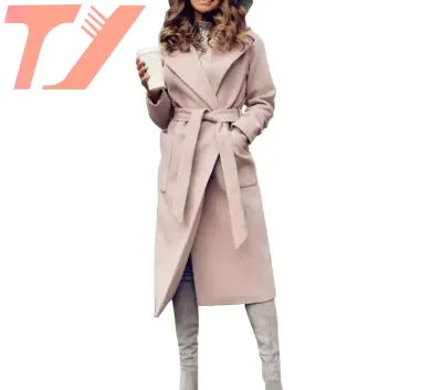 TUOYI Customized Winter Woolen Solid Lapel Long Sleeve Female Long Jacket Trench With Strap Long Coats for Women