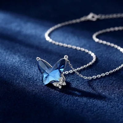 925 Sterling Silver Blue Crystal Butterfly Pendant Necklace Rhodium Plated Dainty Cable Chain Trendy Elegant Jewelry Gift for
