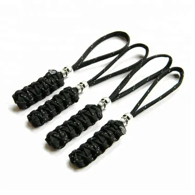 Black Custom Decorative Paracord Zipper Pulls or Knife Lanyards With Skull Alloy Bead