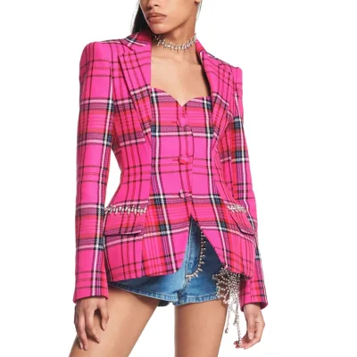 Elegant Plaid Women Cut Out Backless Blazer Dress Double Breasted Heart Front Button blazer Jacket