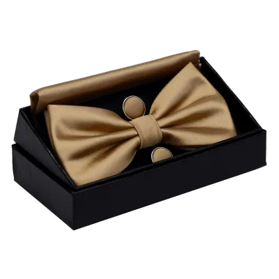 Solid Color Double Fold Pre-tied Silk Bow Tie and Pocket Square Cufflink Set with Gift Box for Men Male Business