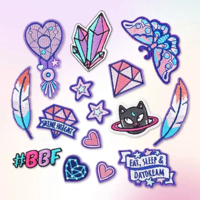 Hot Sale Purple Series Cartoon Embroidered Patches Wholesale Custom Feather Crystal Heart Star Iron on Embroidery Patch Diamond
