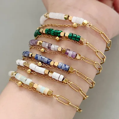 Wholesale Bohemian Style Colorful Natural Stone Bracelet Minimalist 18K Gold Plated Stainless Steel Bracelet for Women Jewelry