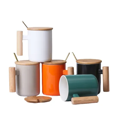 Wooden handle ceramic mug literary water cup