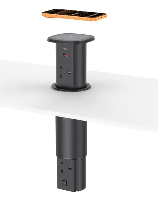 85mm Hole Double Side Hydraulic Press Kitchen Pop up Socket with 15W Wireless Charger 5UK Power PD20W USBA+C for Hotel Office