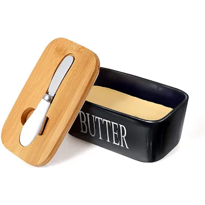 Ceramic Butter Dishes with Bamboo Lids and Knife