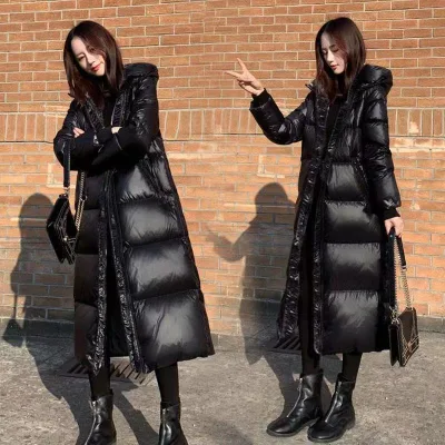 2024 Black Down Coat Long Overcoat Knee Length Winter New Korean Loose Cotton Jacket Outerwear for Women