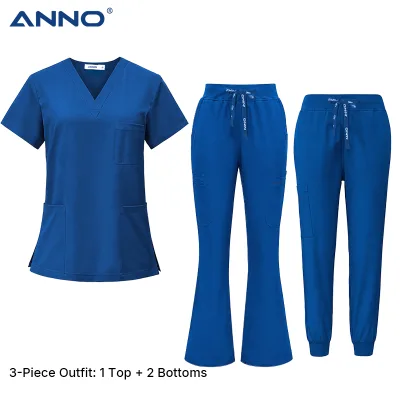 3pcs Lightweight 135g/㎡ 4-Way Stretch Hospital Scrubs V-Neck Top and Flare & Jogger Pants for Dental Spa Long-Shift Comfort