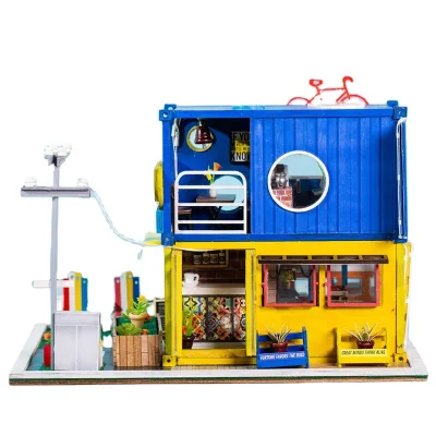 IIECREATE Hand Made Craft Blue Summer Doll House Assembled Building Blocks Craft Accessories Doll Houses