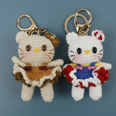 Handmade Crochet Bow Cat Keychain White Tan Cat With Pearl Bow Ruffled Dress Gold Lobster Clasp Bag Charm
