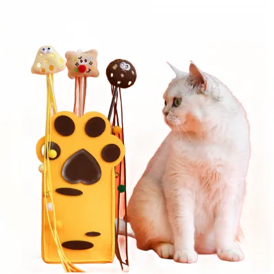 Cat Teaser Wand Toy Set with Cute Food Shape Refills and Paw Shaped Storage Bag for Interactive Play with Indoor Cats