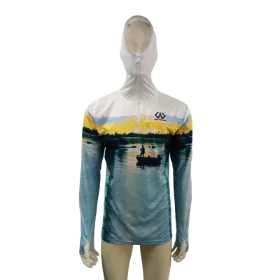 Custom Sublimation 100% Polyester Fishing Hoodie with Half Zipper, Side Mesh Fabric, Zipper Pocket, Thumb Hole, Face Mask