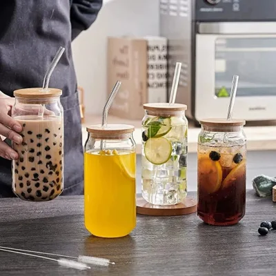 Mason Jar Coke Can Shaped Glass Cup Beer Can Glass Lemon Juice Drinking Cup with Straw Borosilicate Glass Tumbler