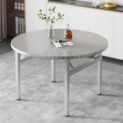 Foldable Iron Stainless Steel Dining Table Built-In Induction Cooker 360 Rotating Turntable Leather Top for Home Restaurant