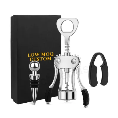 Great Wine Cork Bottles Opener Remover Set Wing Corkscrew Foil Cutter Wine Aerator and Stopper Silver Wine Bottle Opener Set