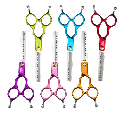 Stainless Pet Grooming Shears for Dogs/Cats/Pets with Straight Curved Serrated Blades 65-Inch Scissors for Beginner Advanced