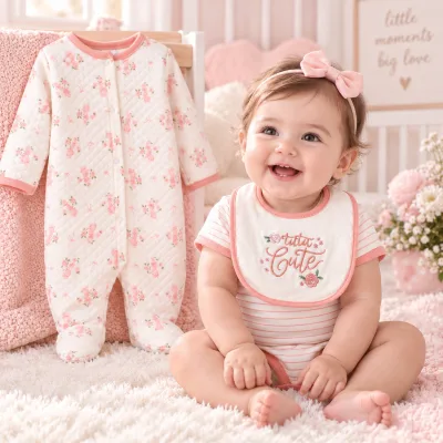 Infant 3 Piece Babywear Outfit Long Sleeve Footed Sleeper Short Sleeve Bodysuit Bib Europe US Ready Stock