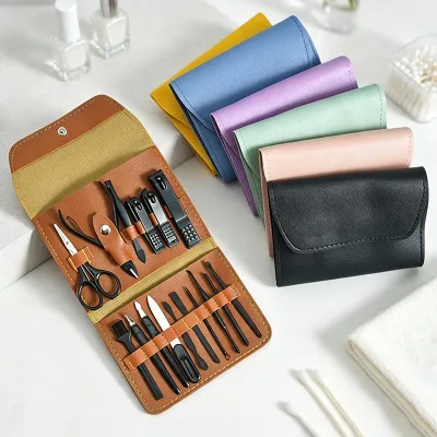 Wholesale Professional 16pcs Manicure Set Matte Black Stainless Steel Nail Clipper Kit Nail Care Tools with Pouch