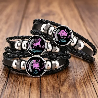 12 Constellations Glass Snap Button Bracelet Adjustable Braided PU Leather Rope Bangle Zodiac Sign Charm Bracelets Couple Gift