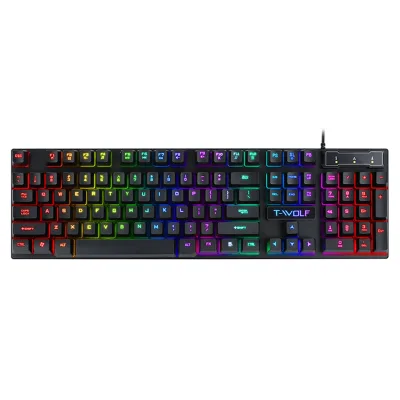 T-WOLF T20 Wired RGB Gaming Keyboard 104 Keys Full Size Membrane Anti-Ghosting Multimedia Keys Spill Resistant Ergonomic USB