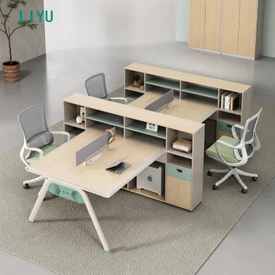 LIYU Modular Workstation Desk with Bookshelf Storage 4 Person Pod Office Furniture Wood Top Privacy Screen Teal Accent