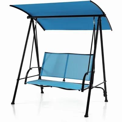 Adjustable Tilt Canopy 2-Person Modern Metal Porch Swing Bench-Style Seat Stand Comfortable Outdoor Swing for Patio Living Room