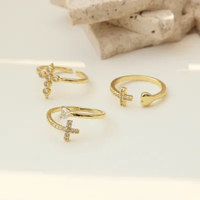 White CZ Cross Open Ring Copper 18K Gold Plated Cubic Zirconia Clear Stones Heart Shape Ring Jewelry Gift for Engagement Wedding