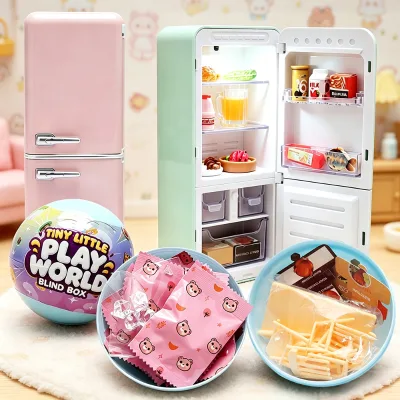 Mini World Light-Up Mini Fridge Toy with Mystery Ball Mini Food Accessories, Collectible Pretend Play Refrigerator Set for Kids