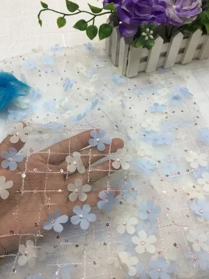 Manufacturer Direct Sales Mesh 3D Laser Line Grid plum Blossom Bead Embroidery Fabric Sequin Lace Fabric for Women Dress