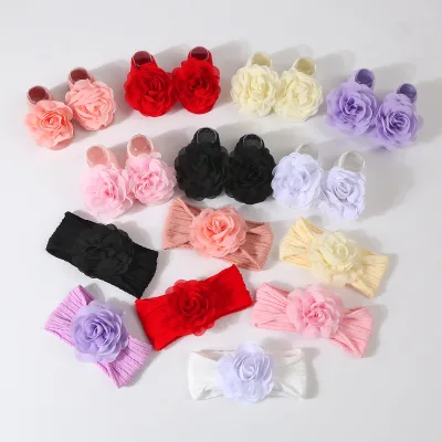 Baby Headband Baby Skin Friendly Soft Lifting Flower Knitted Socks+super Elastic Headband Nylon Flower Hair Accessory Set