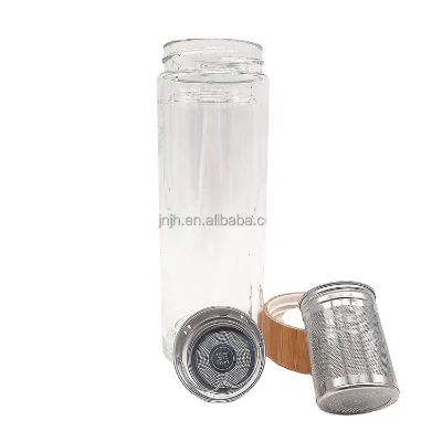 Double Wall Glass Borosilicate Bamboo Lid Water Bottle with Infuser & Strainer 400ml/14oz