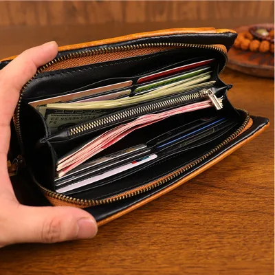 Custom Vintage Wallets Long Zipper Multi-functional Card case Made Cowhide Vegetable-tanned Designer Wallet Men