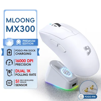 MLOONG MX300 Ultra-Lightweight Wireless Gaming Mouse 1K Polling Rate 16000 DPI Programmable Gaming Mouse with Charging Dock