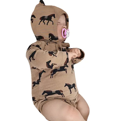 Newborn Onesie for Baby Crawling 100% Cotton Jumpsuit with Animal Pattern for Autumn Season Sizes 0-3 Months and 12 Months