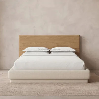 FERLY Timeless Neutral Tone Oak Bed Furniture Suite Large Oak Headboard Linen Wrapped Bed Base for Interior Designer Wholesale