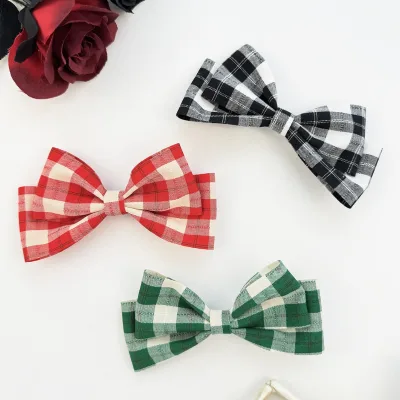 New Design Cute Hair Accessories Two Layer Ribbon Bowknot Plaid Hair Barrette