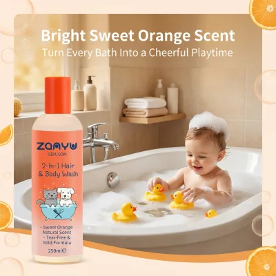 Private Label 250ml Herbal Peach Apricot Kid Hair Body Wash Shampoo Tear-Free Gentle Child Moisturizing Gel 3 Year Shelf Life