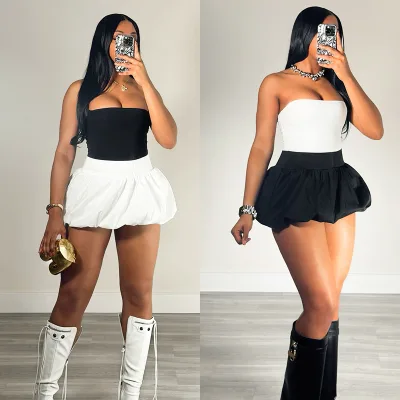 K24ST170 Sexy Pleated Bubble Skirt Strapless Stretch Waist Mini Skirt Two Pieces Skirt Sets  Women's Set
