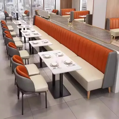 Modern Luxury Metal Frame Restaurant Booth Seating Set Orange & Gray Upholstered Banquette with Marble Table for Dining Bar