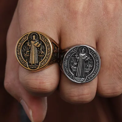 St Benedict Catholic Religious Medallion 316 Stainless Steel Ring Jewelry 18K Pvd Gold Plated Fine Ring Jewelry
