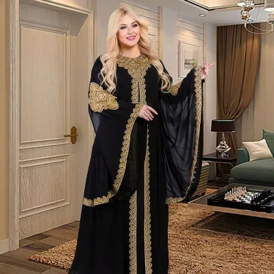 Exquisite Embroidered Golden Flower Edge Flare Sleeves Robe From Muslim Middle Eastern Fashion