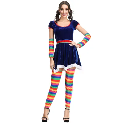 Women's Rainbow Stripe TV & Movie Clown Costume Suit with Velvet Dress & Striped Socks for Halloween & Christmas