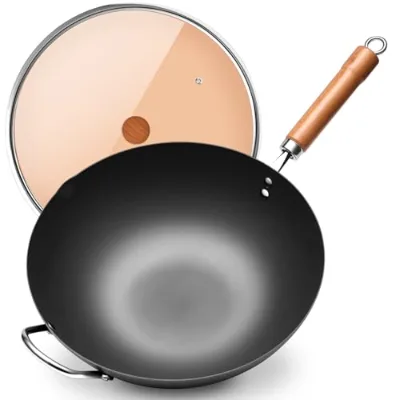 Carbon Steel Non-Coated Wok 12.59" Flat Bottom Glass Lid Wood Hand Grip Induction/Gas/Halogen/Stove Compatible-Hand