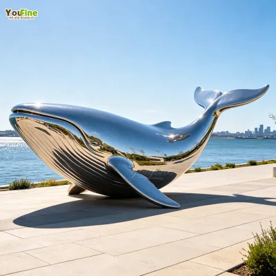 YouFine Mirror Polished Stainless Steel Humpback Whale Sculpture Outdoor Waterfront Marine Art Statue for Park Plaza Custom
