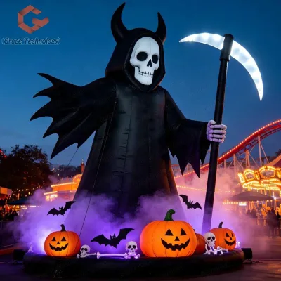 LED Lights Inflatable Halloween Decoration Scary Inflatable Grim Reaper with Scythe for Outdoor Yard Holiday Decor