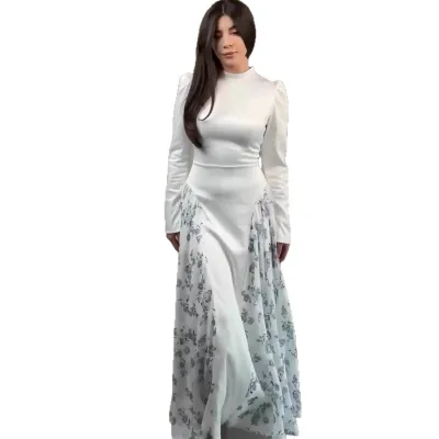 Spring Temperament Long Sleeve Design Round Neck Small Floral Dress Long Dress for Women
