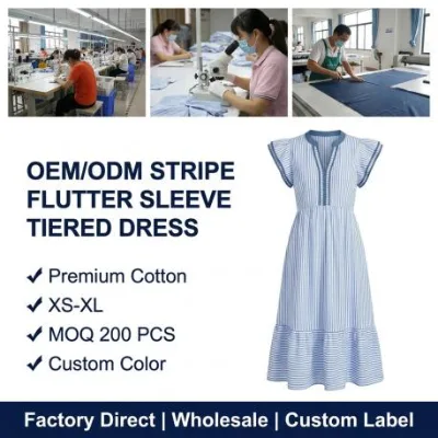 XS-XL | Blue White Stripe V-Notch Collar Flutter Sleeve Tiered Midi Dress | OEM/ODM Factory Direct | Casual Boho Dress